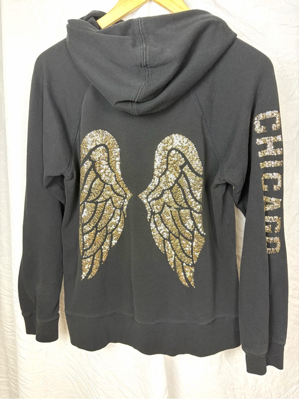 Victoria's Secret Black Hoodie with Gold Sequin Wing and Chicago Down Sleeve